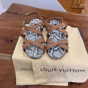 Louis Vuitton Python Sandals tan brown 36 6 snakeskin leather LV gold logo strap